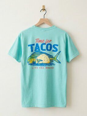 Live Oak Brand “Time for Tacos” Pocket Tee Size M Comfort Colors Mint Green Fish